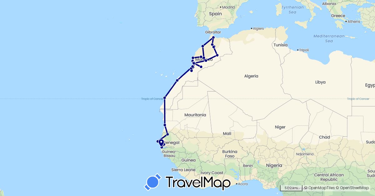 TravelMap itinerary: driving in Gambia, Morocco, Mauritania, Senegal (Africa)